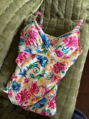 Anne Cole White One-Piece Swimsuit with Pink, Blue & Yellow Floral Print